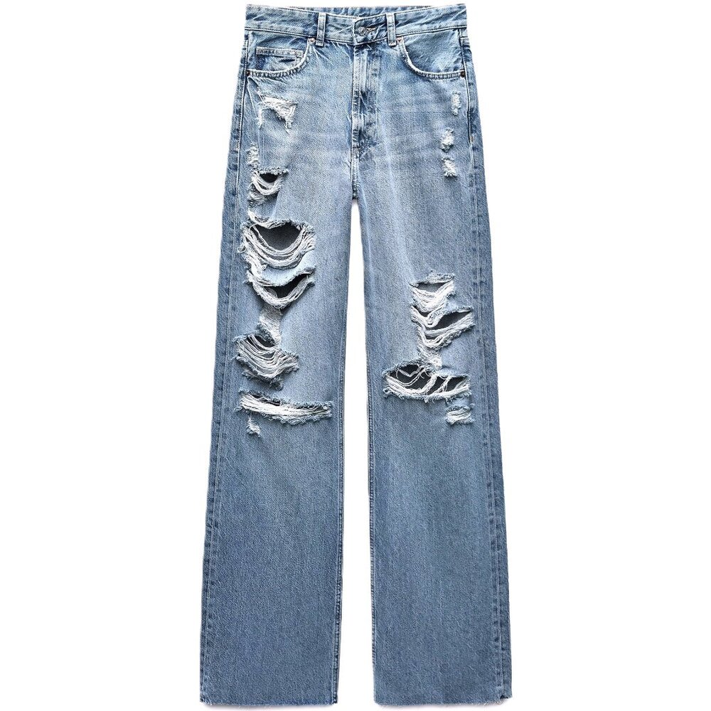 ZARA TRF Wide Long Leg Flare High Rise Baggy Distress Thrashed Jeans Size 4